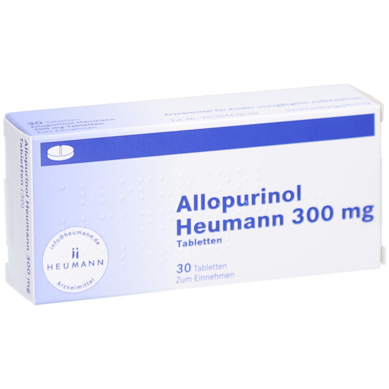 Schachtel ALLOPURINOL Heumann 300 mg Tabletten. Blaue und weiße Verpackung. Produktname und Dosierung. 30 Tabletten.