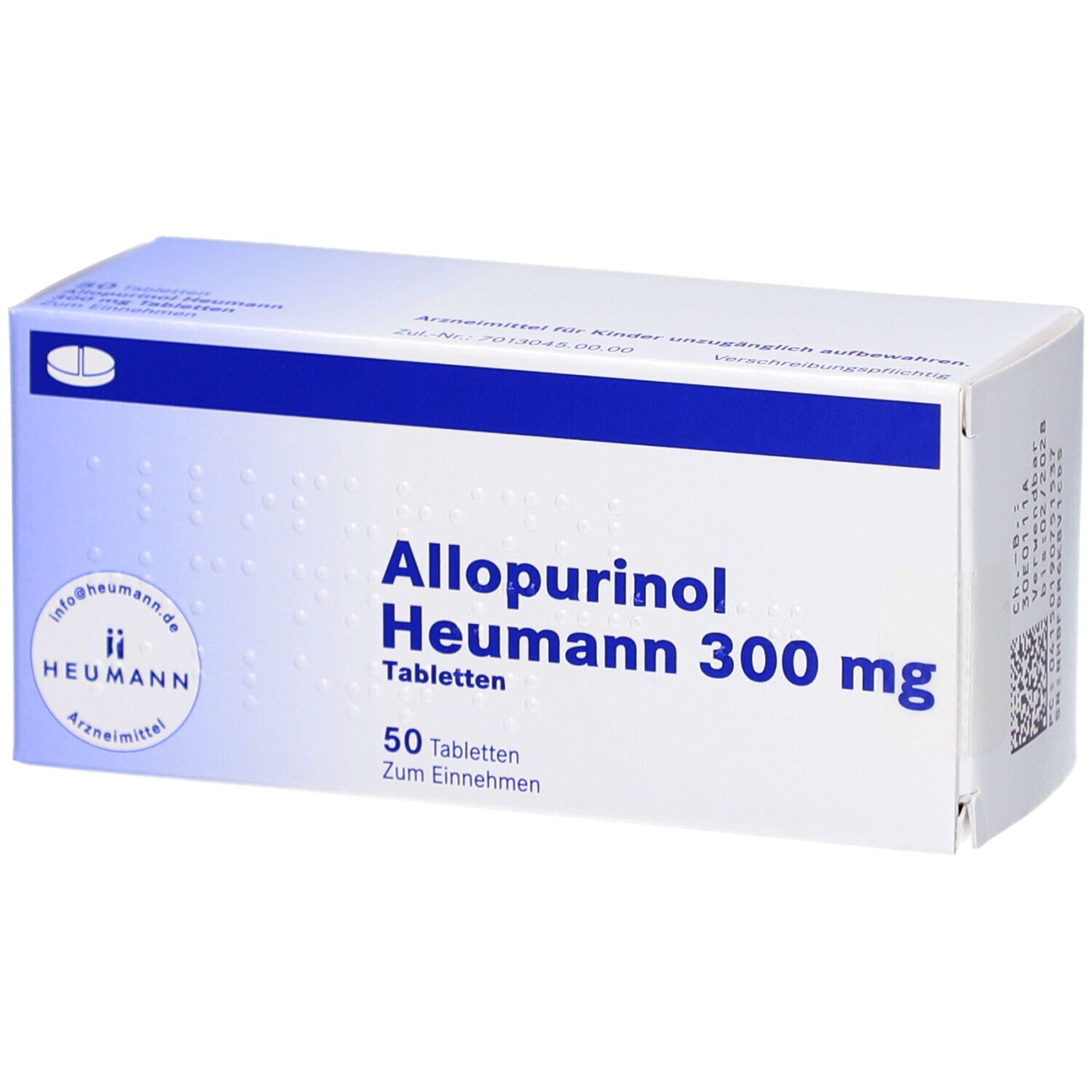 Schachtel mit ALLOPURINOL Heumann 300 mg Tabletten. Blaue und weiße Verpackung. 50 Tabletten. Heumann Logo.