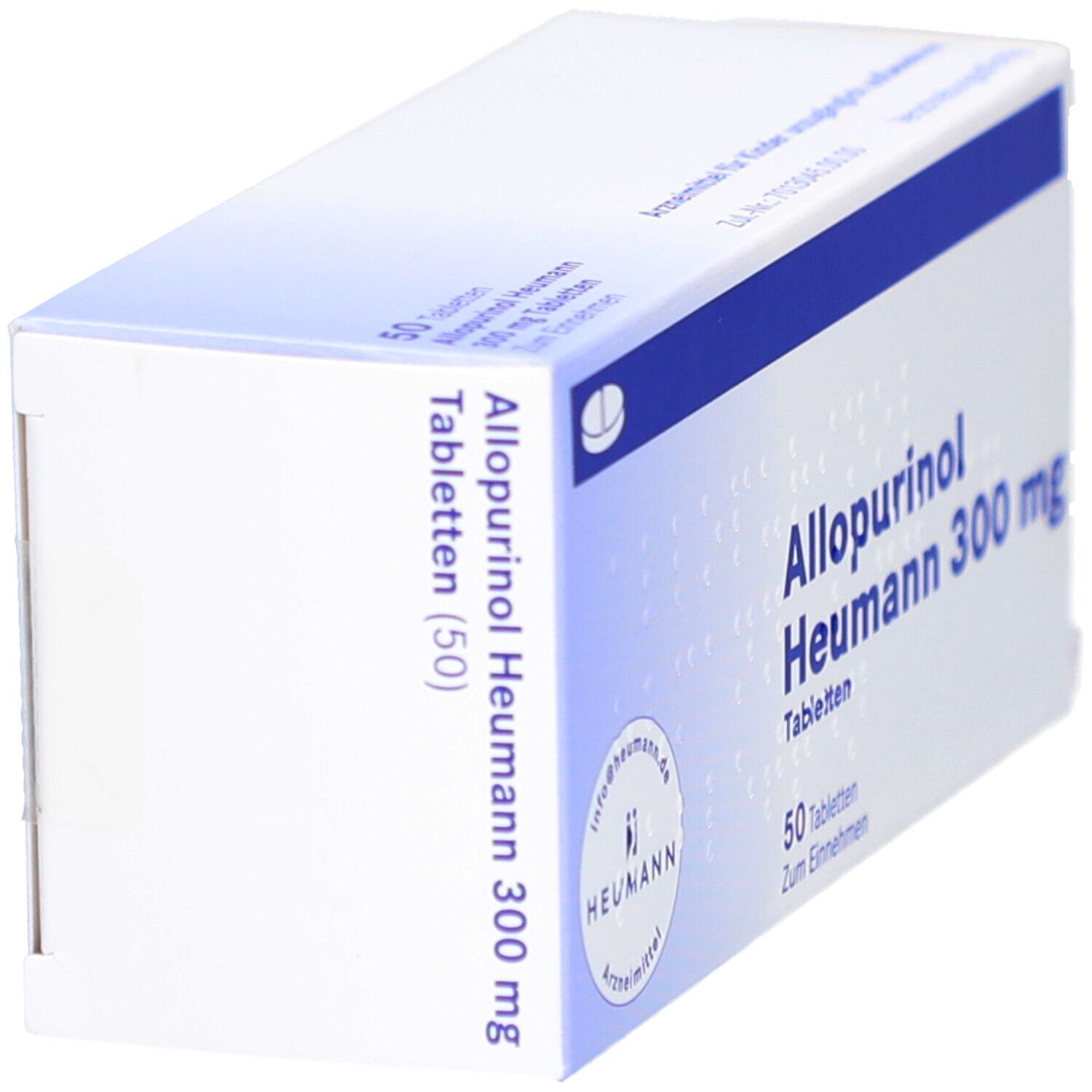 Schachtel ALLOPURINOL Heumann 300 mg Tabletten. Blaue und weiße Verpackung. 50 Tabletten. Heumann Logo. Schräge Ansicht.