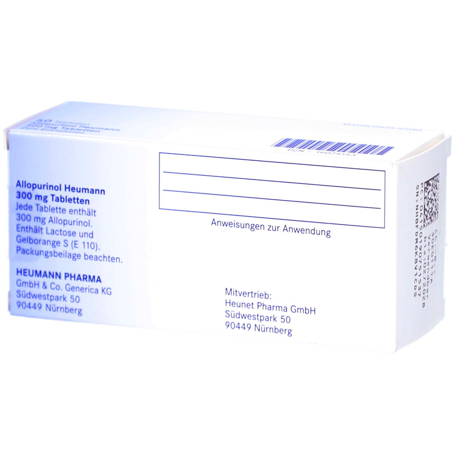 Rückseite der ALLOPURINOL Heumann 300 mg Tabletten-Schachtel. Enthält Informationen zu Inhaltsstoffen und Hersteller.