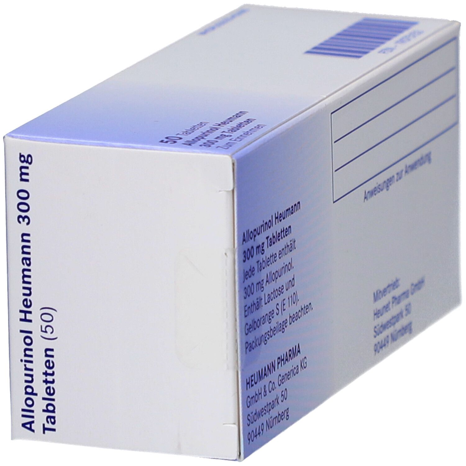 Schachtel ALLOPURINOL Heumann 300 mg Tabletten. Blaue und weiße Verpackung. 50 Tabletten. Heumann Logo. Schräge Ansicht.