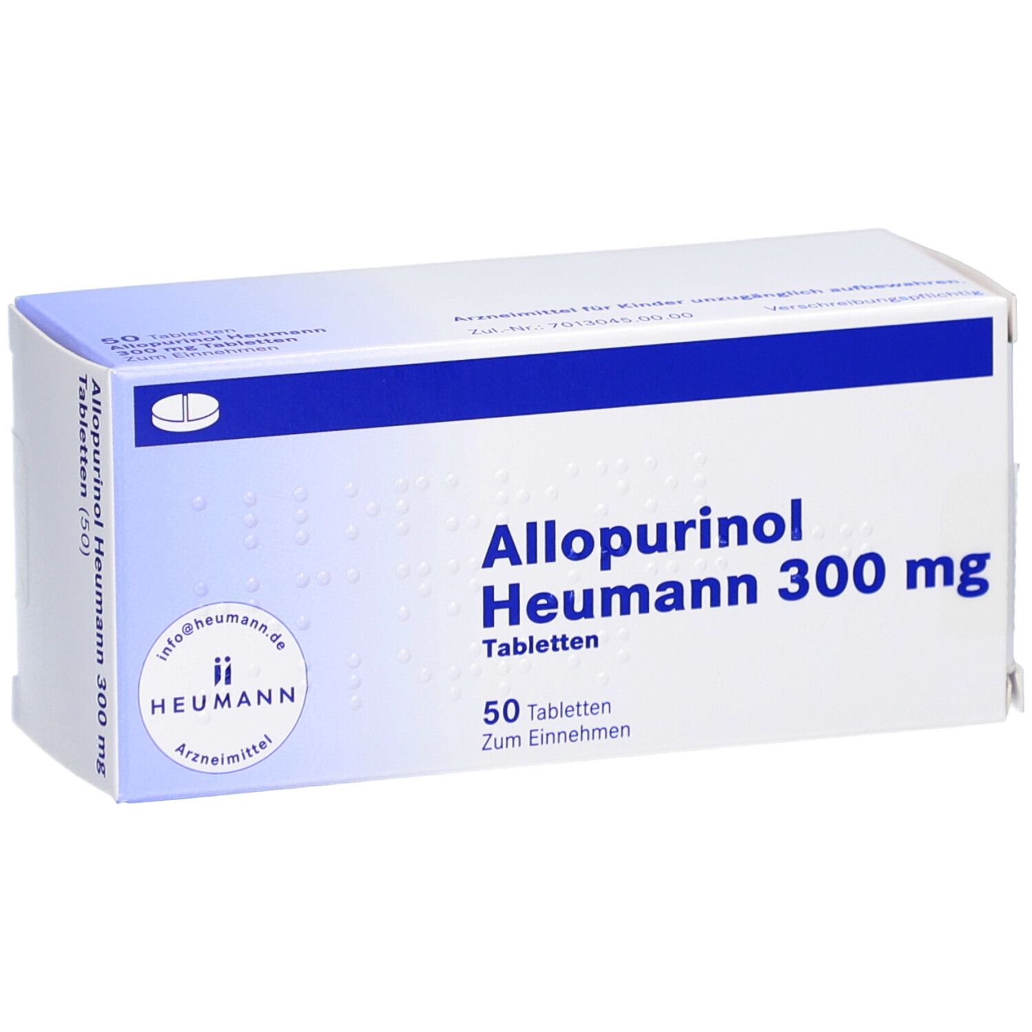 Schachtel mit ALLOPURINOL Heumann 300 mg Tabletten. Blaue und weiße Verpackung. 50 Tabletten. Heumann Logo.