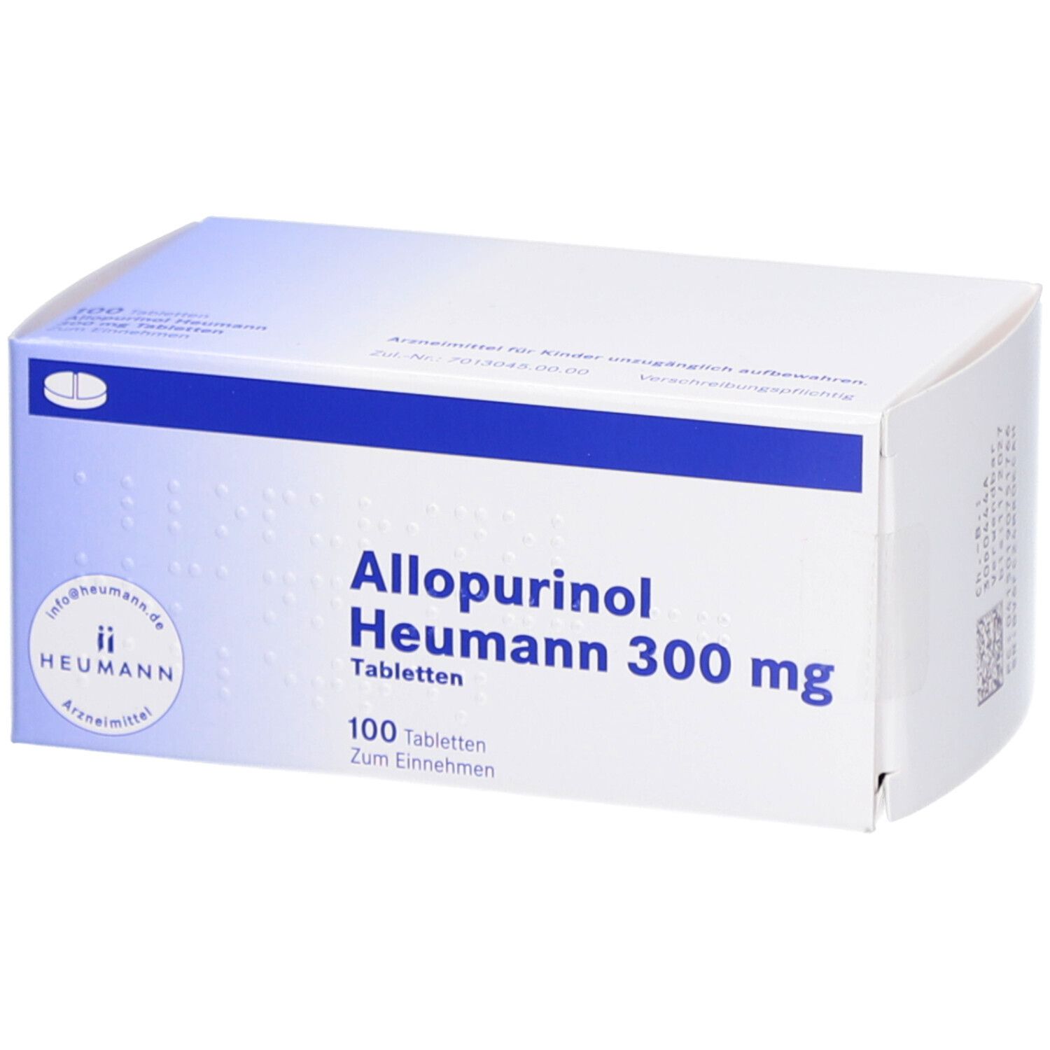 Schachtel ALLOPURINOL Heumann 300 mg Tabletten. 100 Tabletten. Weiß-blaue Verpackung mit Produktnamen und Logo.