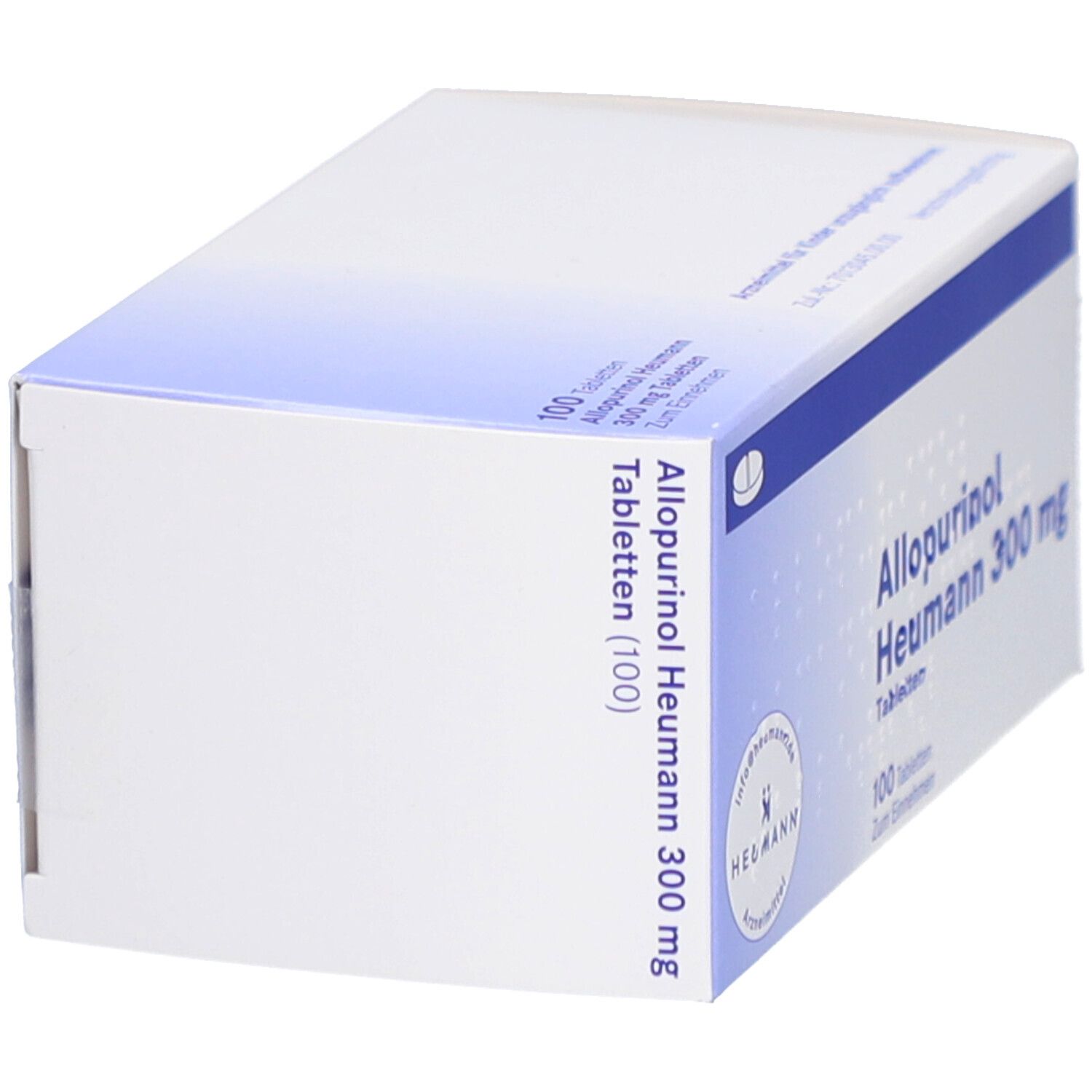 Schachtel ALLOPURINOL Heumann 300 mg Tabletten. Seitenansicht. Weiß-blaue Verpackung mit Produktnamen und Logo.