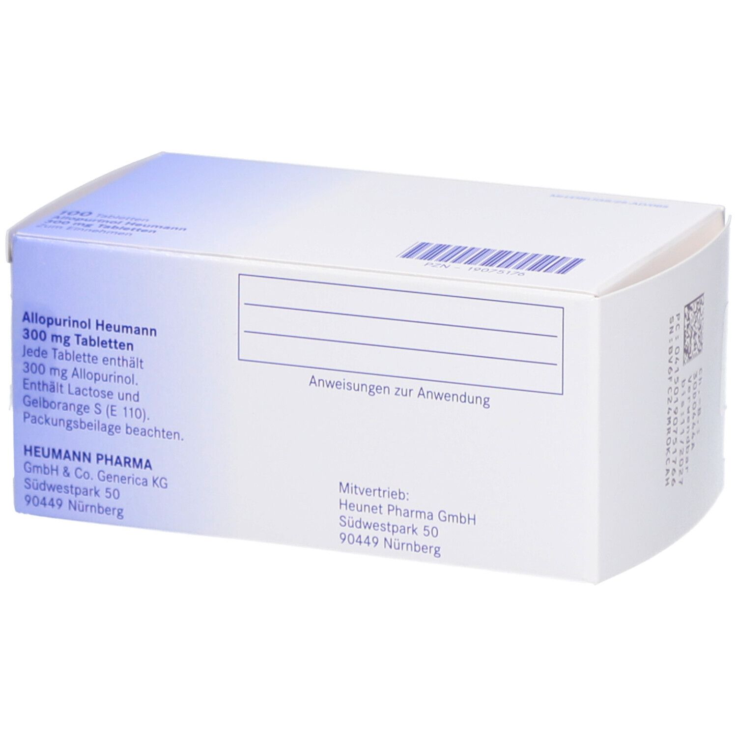 Rückseite der Schachtel ALLOPURINOL Heumann 300 mg Tabletten. Textinformationen, Barcode und Logo.