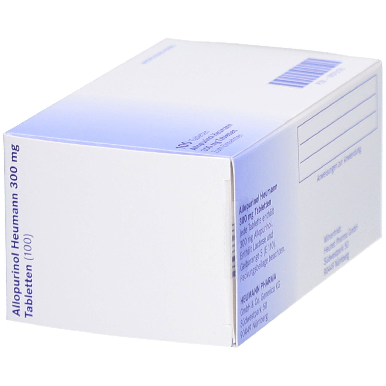 Rückseite der Schachtel ALLOPURINOL Heumann 300 mg Tabletten. Textinformationen, Barcode und Logo.