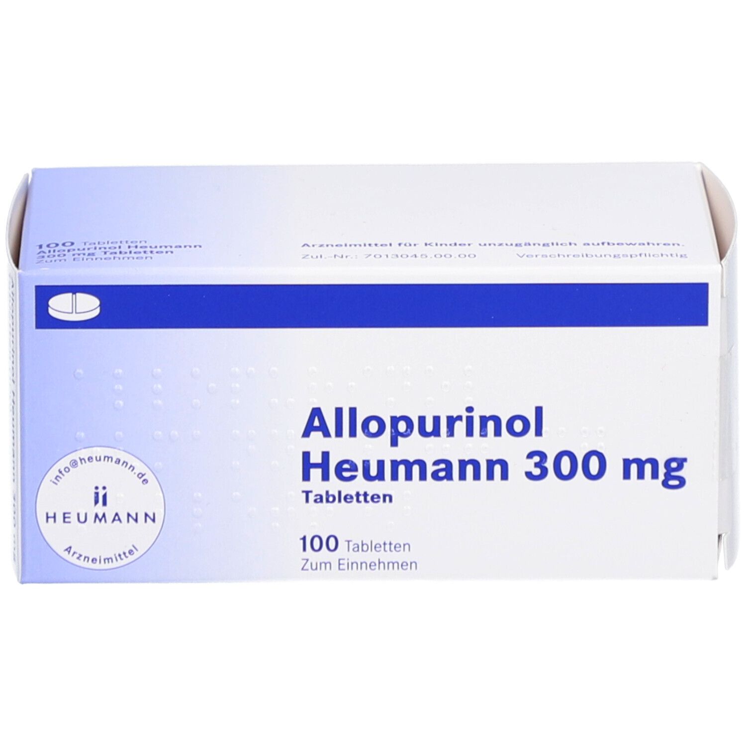 Schachtel ALLOPURINOL Heumann 300 mg Tabletten. 100 Tabletten. Weiß-blaue Verpackung mit Produktnamen und Logo.