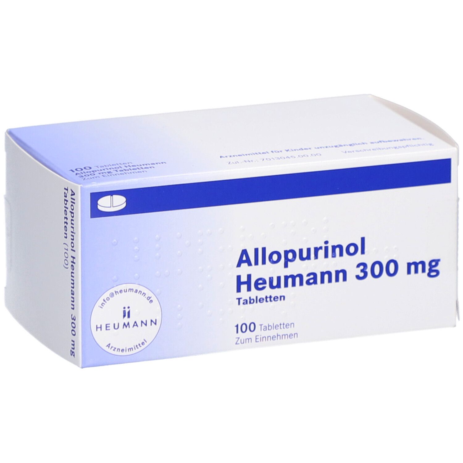 Schachtel ALLOPURINOL Heumann 300 mg Tabletten. Weiß-blaue Verpackung mit Produktnamen und Logo.
