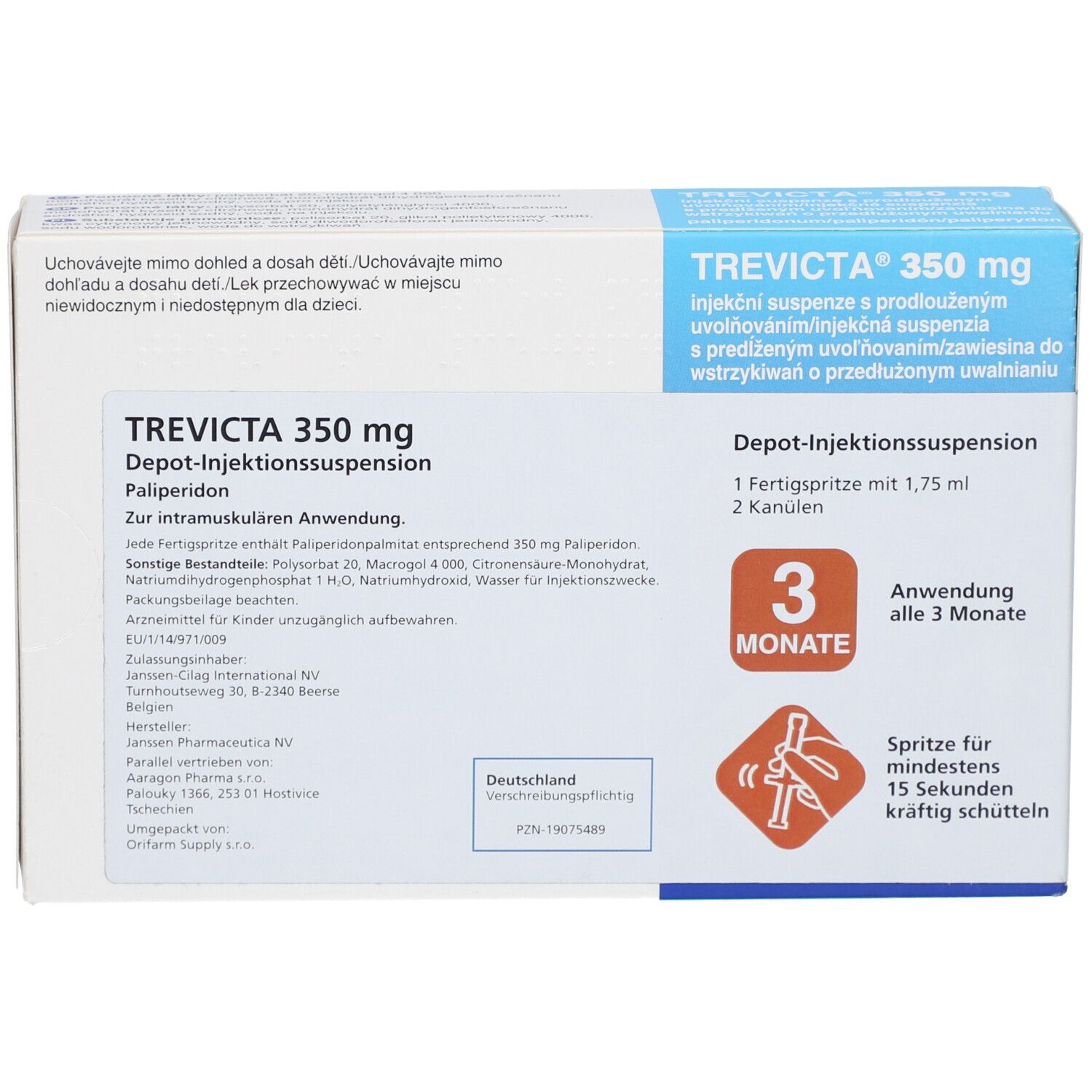 Verpackung von TREVICTA 350 mg. Blaue und weiße Schachtel mit Produktnamen und Injektionsbeschreibung. Enthält Spritze und Kanülen.