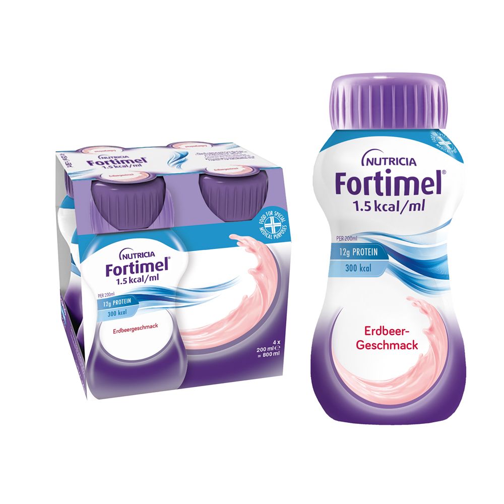 Fortimel 1.5 kcal Erdbeergeschmack Trinknahrung, 4er Packung und eine einzelne Flasche.