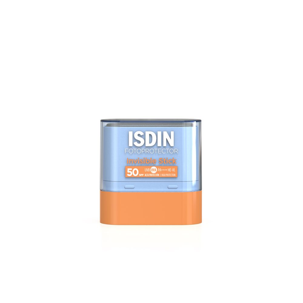 Zylindrischer Sonnenstick mit blauem Deckel und orangefarbener Basis. Aufschrift: ISDIN Fotoprotector Invisible Stick LSF 50.