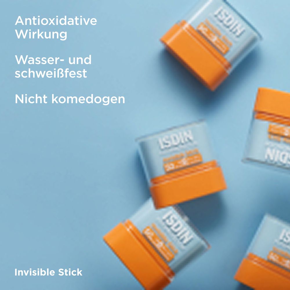 Mehrere Sonnensticks mit blauem Deckel und orangefarbener Basis. Text: Antioxidative Wirkung, Wasser- und schweißfest, nicht komedogen.