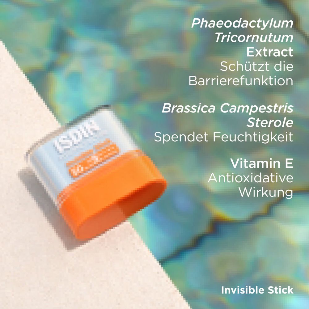 Sonnenstick mit blauem Deckel und orangefarbener Basis. Text: Phaedactylum tricornutum, Brassica Campestris, Vitamin E. Invisible Stick.
