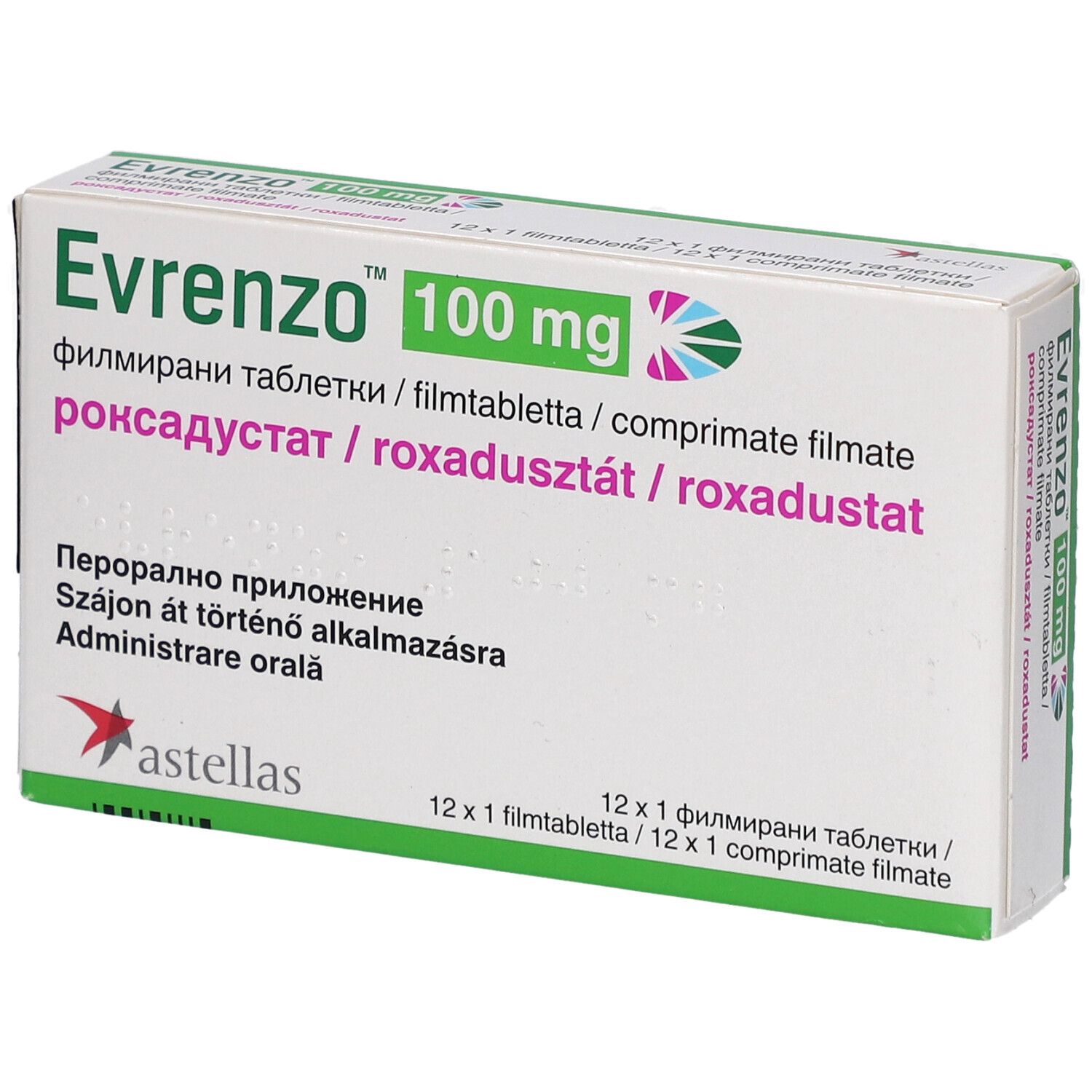 Verpackung von Evrenzo 100 mg Filmtabletten. Aufschrift: 12 x 1 Filmtabletten. Astellas Logo.