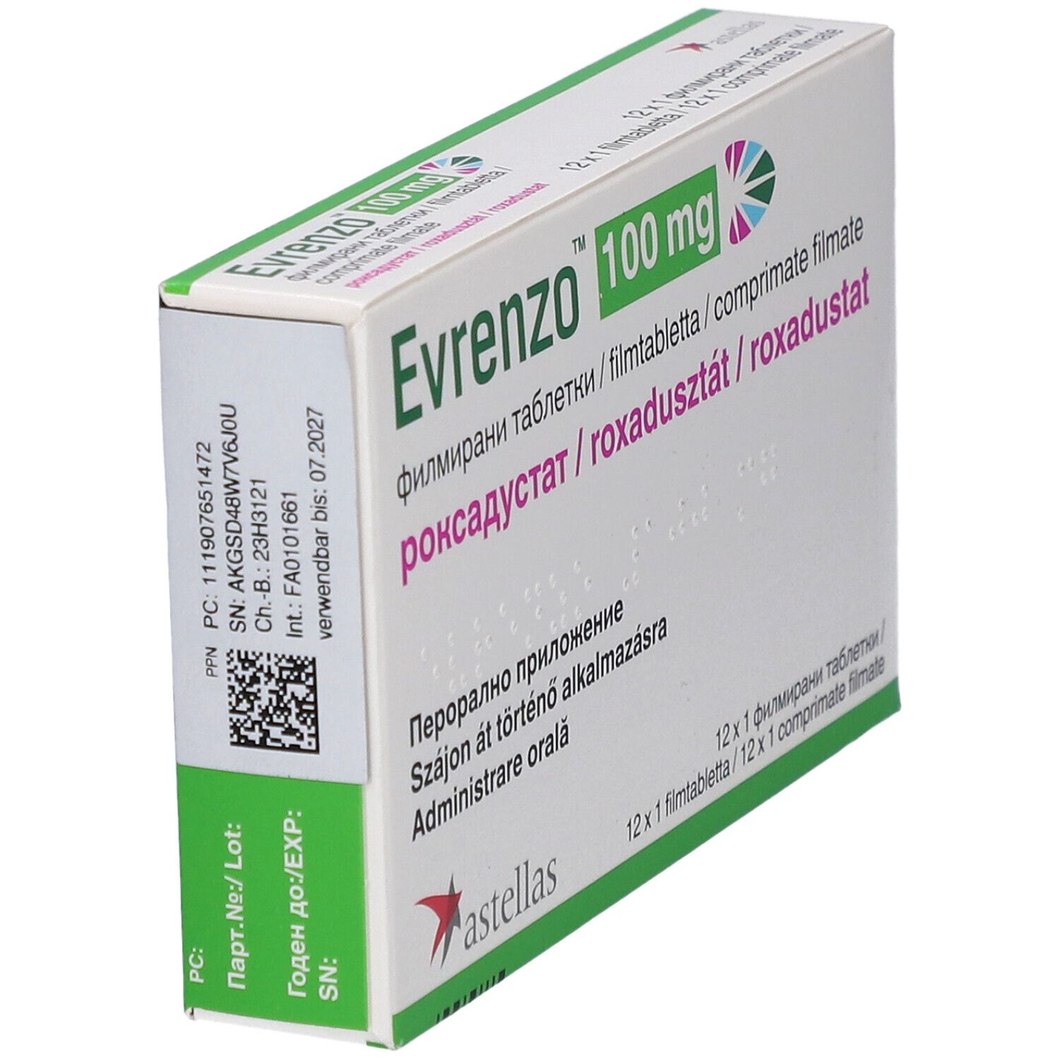 Schrägansicht der Evrenzo 100 mg Filmtabletten-Verpackung. Aufschrift: 12 x 1 Filmtabletten. Barcode und Chargennummer.