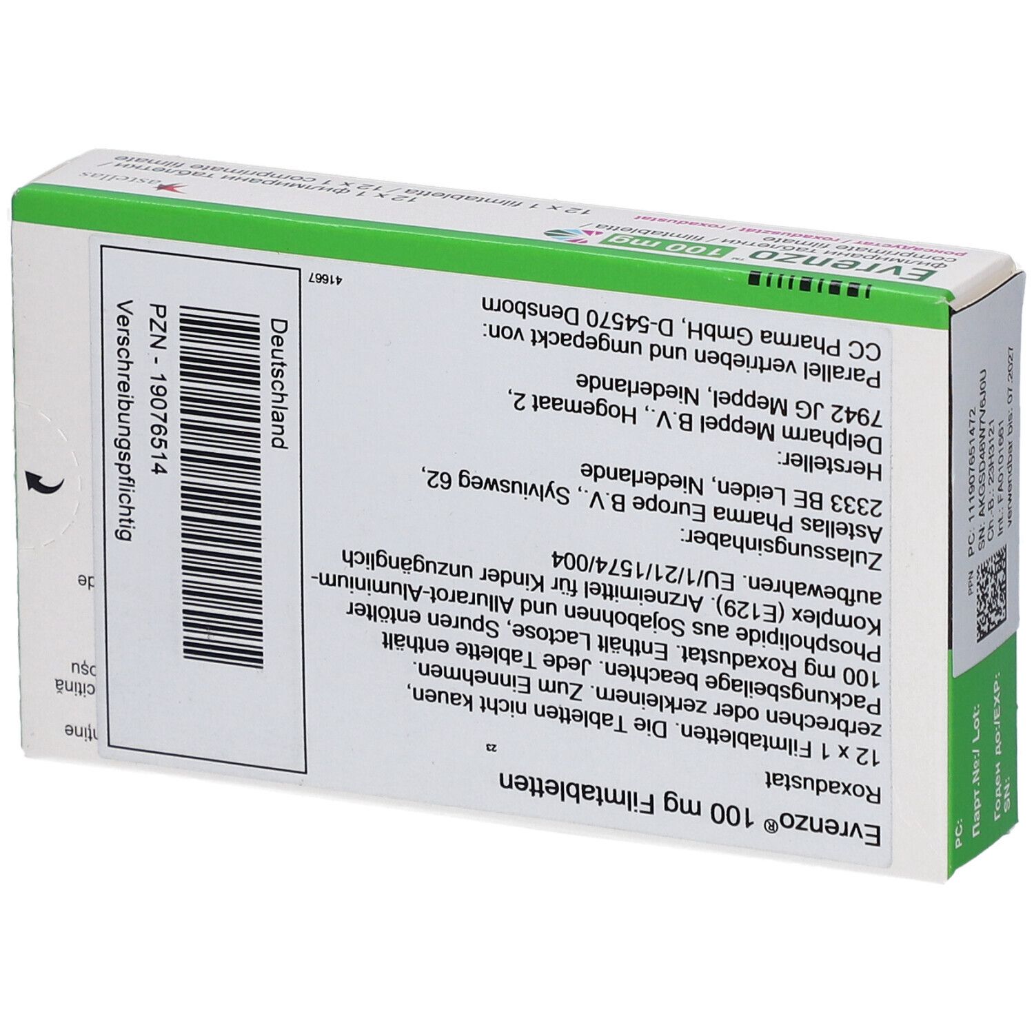 Rückseite der Evrenzo 100 mg Filmtabletten-Verpackung. Text mit Hersteller- und Vertriebsinformationen. Barcode.