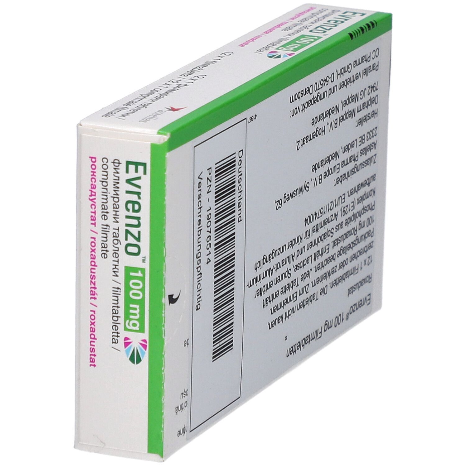 Schrägansicht der Evrenzo 100 mg Filmtabletten-Verpackung. Text mit Hersteller- und Vertriebsinformationen. Barcode.