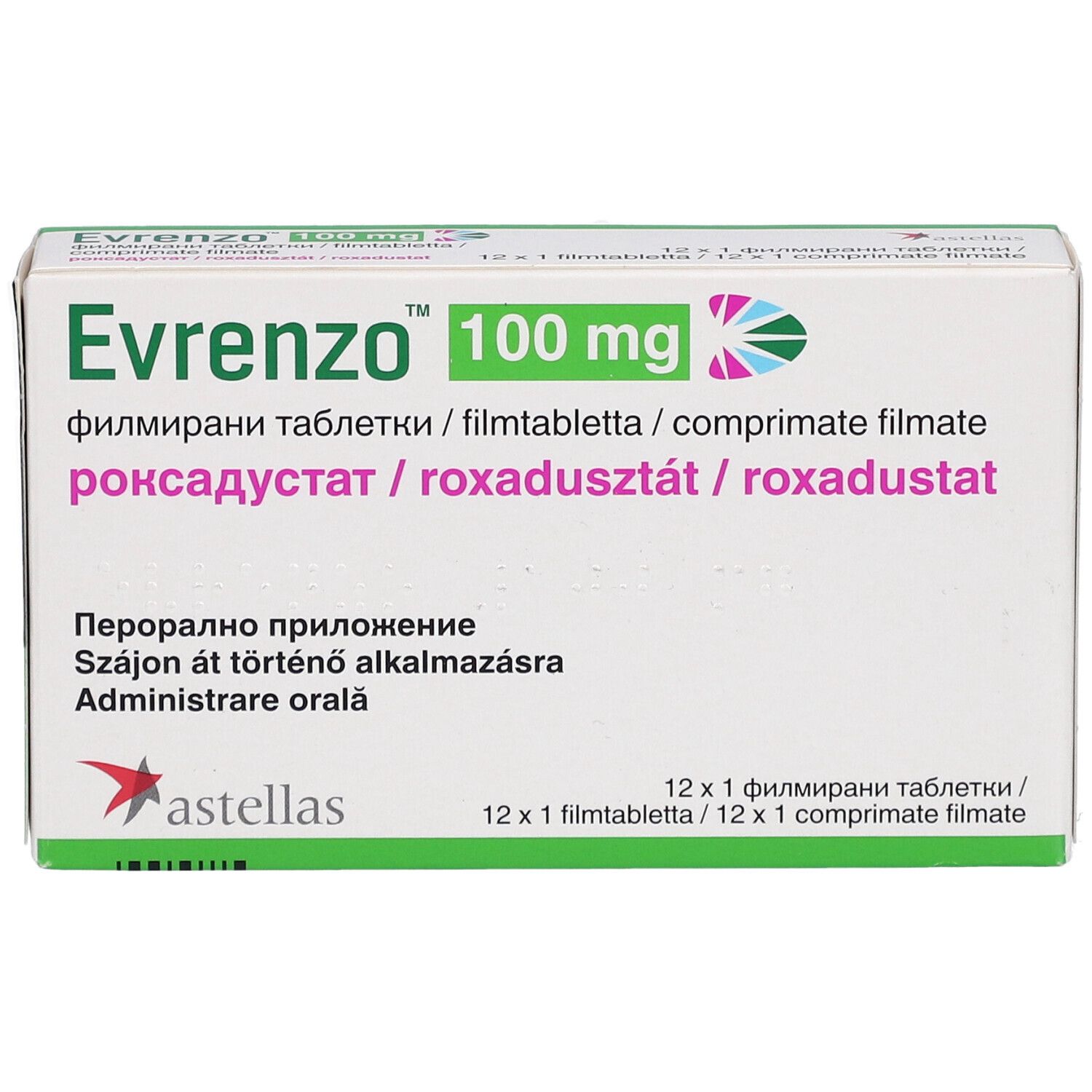 Verpackung von Evrenzo 100 mg Filmtabletten. Aufschrift: 12 x 1 Filmtabletten. Astellas Logo.