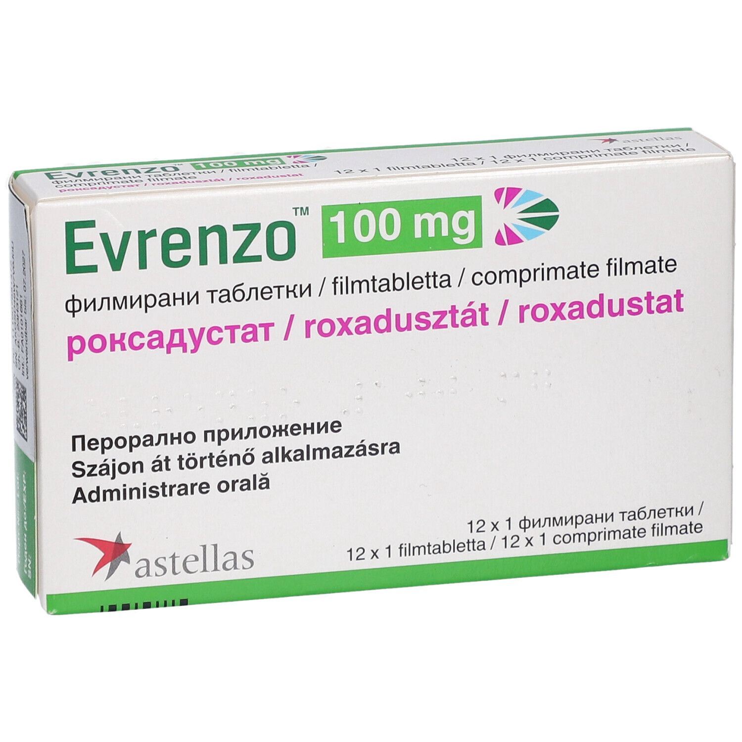 Verpackung von Evrenzo 100 mg Filmtabletten. Aufschrift: 12 x 1 Filmtabletten. Astellas Logo.