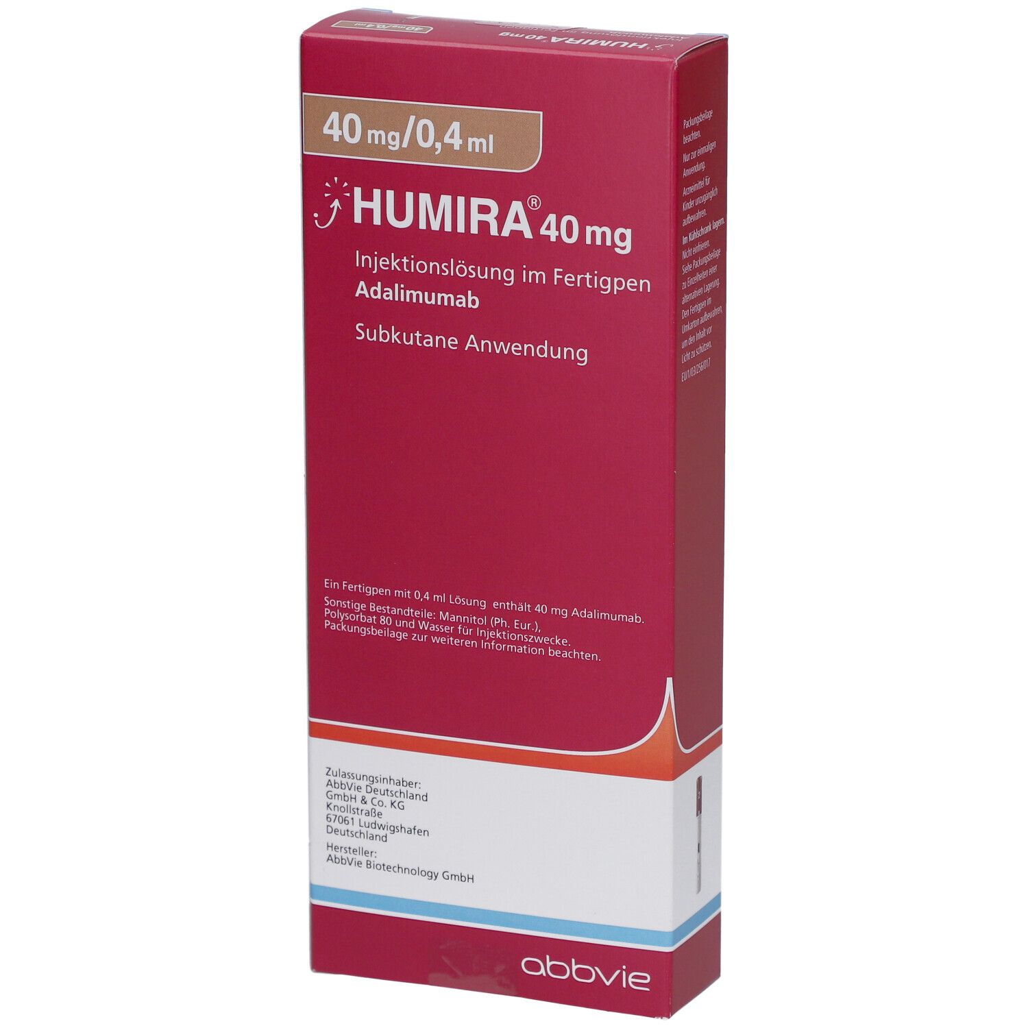HUMIRA 40 mg Injektionslösung im Fertigpen. Rote Verpackung mit Produktinformationen und Logo.