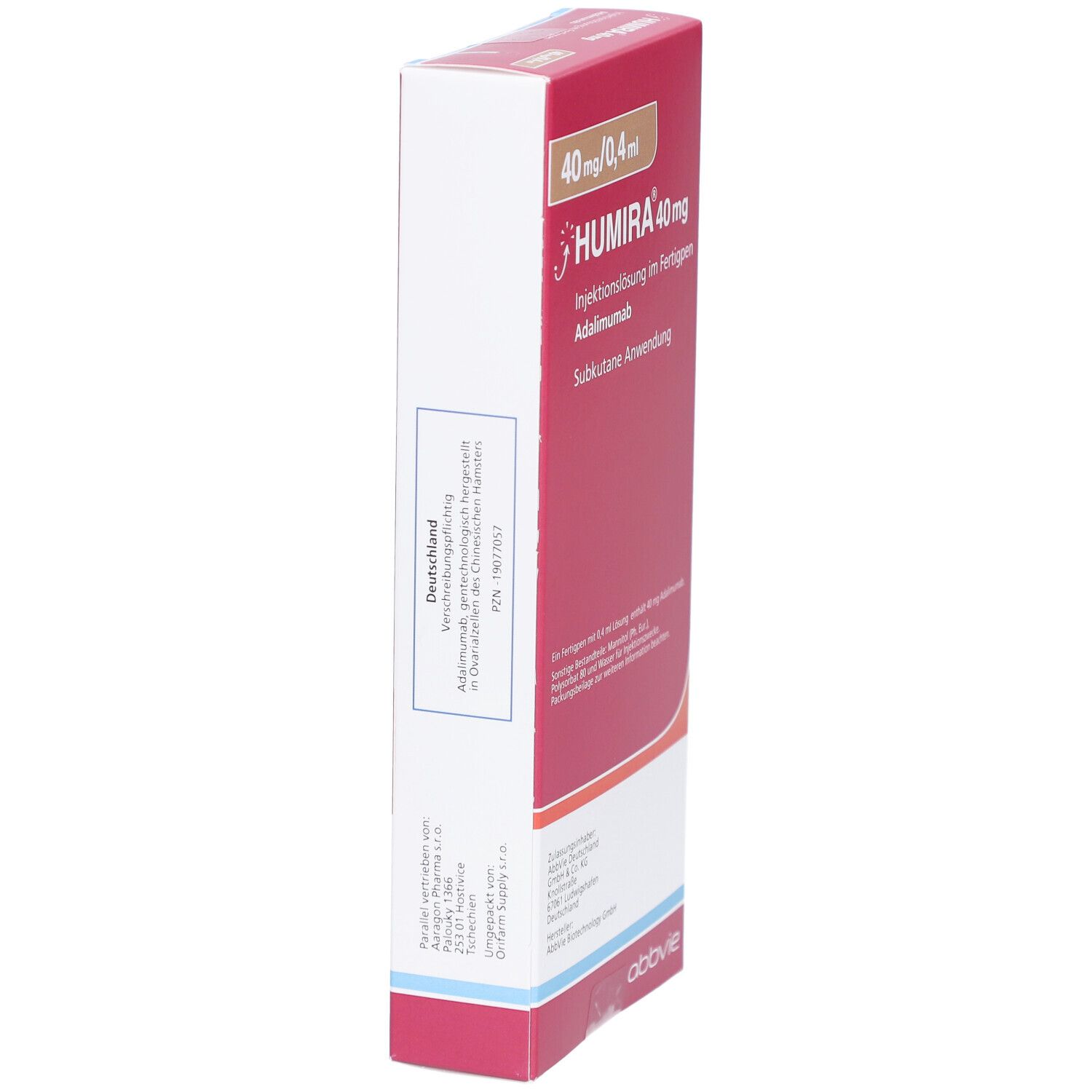 HUMIRA-Verpackung, Seitenansicht. Rote Schachtel mit Produktinformationen und Logo.