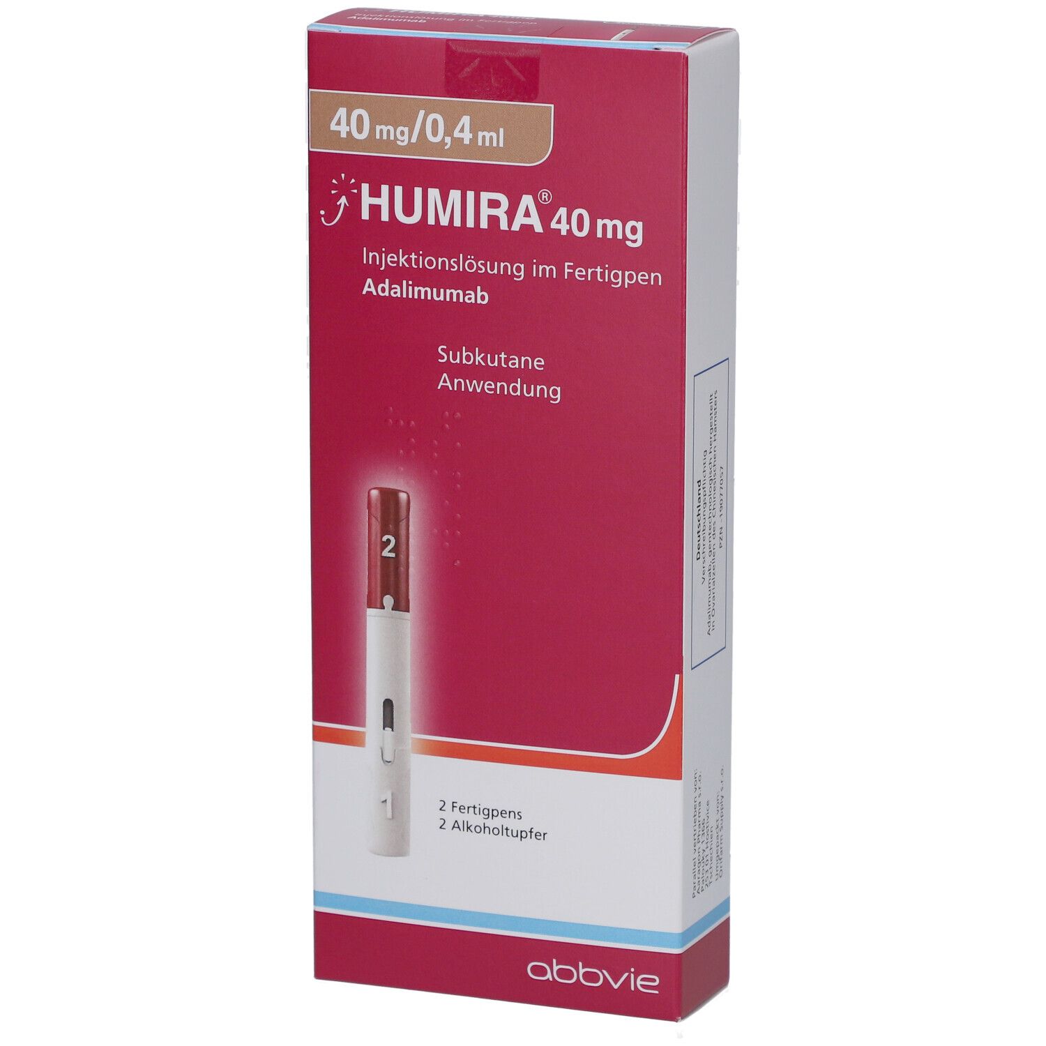 HUMIRA-Verpackung mit Fertigpen und Alkoholtupfern. Rote Schachtel mit Produktinformationen.