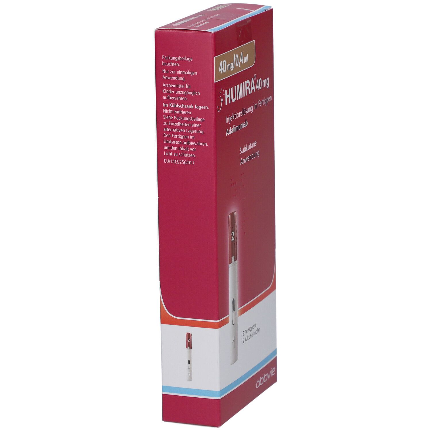 HUMIRA-Verpackung, Seitenansicht mit Fertigpen-Abbildung. Rote Schachtel mit Produktinformationen.