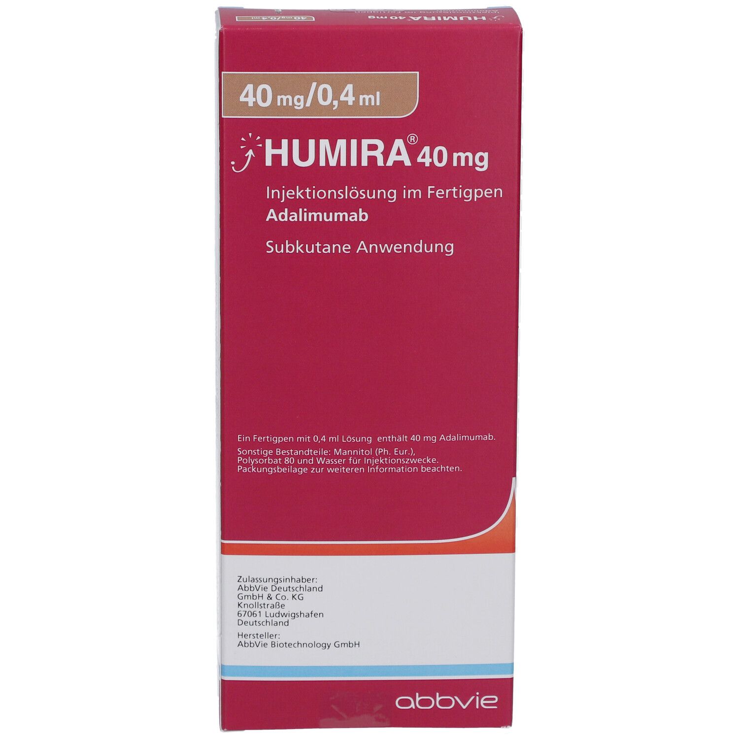 HUMIRA 40 mg Injektionslösung im Fertigpen. Rote Verpackung mit Produktinformationen und Logo.