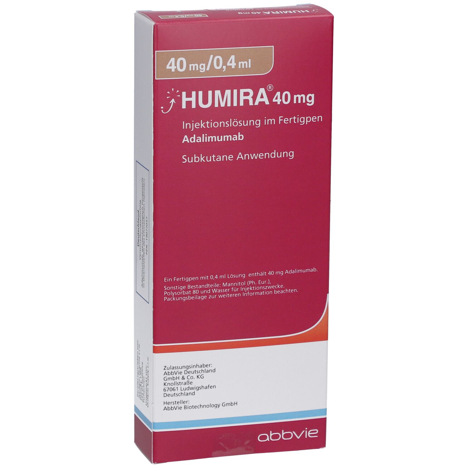 HUMIRA 40 mg Injektionslösung im Fertigpen. Rote Verpackung mit Produktinformationen und Logo.