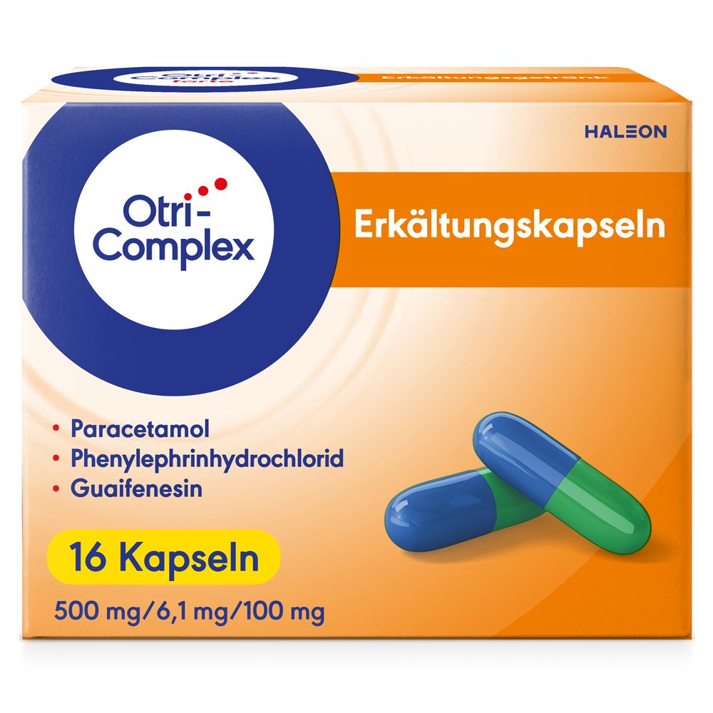 OtriComplex Erkältungskapseln 500 mg Paracetamol, 6,1 mg Phenylephrinhydrochlorid, 100 mg Guaifenesin