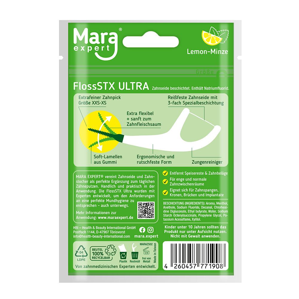 Rückseite der Verpackung von Mara expert® FlossSTX. Enthält Informationen zu Eigenschaften, Inhaltsstoffen und Anwendung. Mit QR-Code und Recycling-Symbolen.
