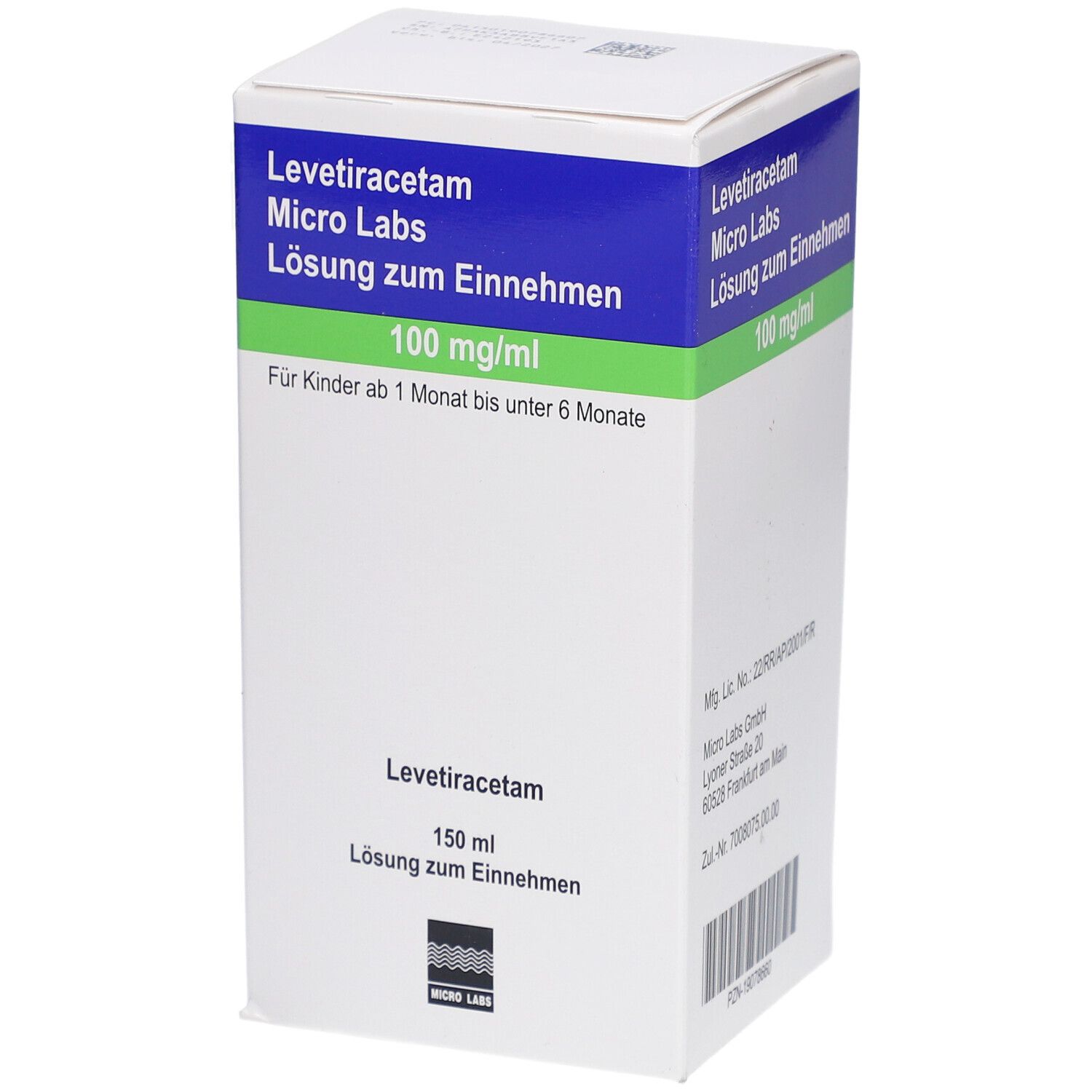Karton mit Produktinformationen. Blaue und grüne Streifen mit Text. "Levetiracetam Micro Labs Lösung zum Einnehmen 100 mg/ml".