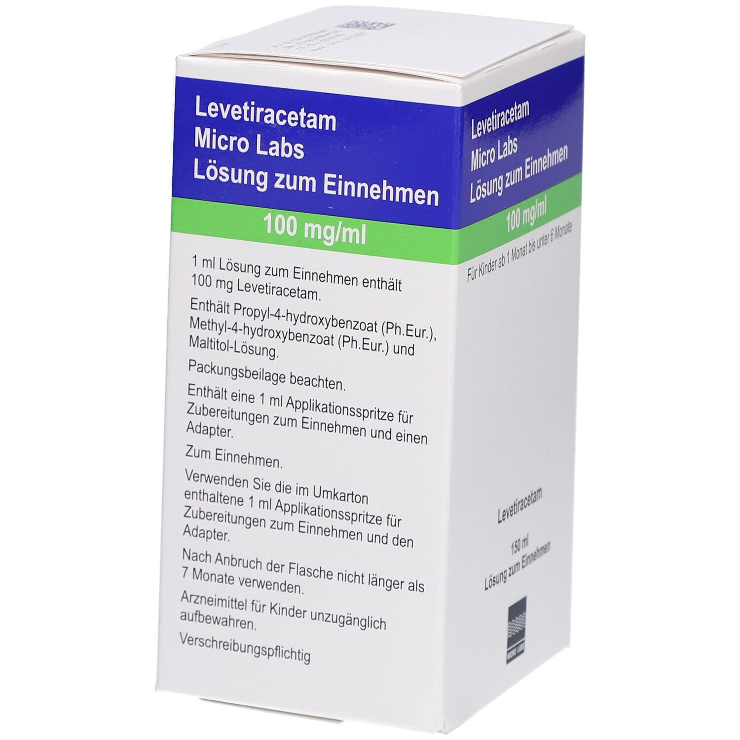 Karton mit Produktinformationen. Blaue und grüne Streifen mit Text. Enthält Informationen über Inhaltsstoffe und Anwendung.