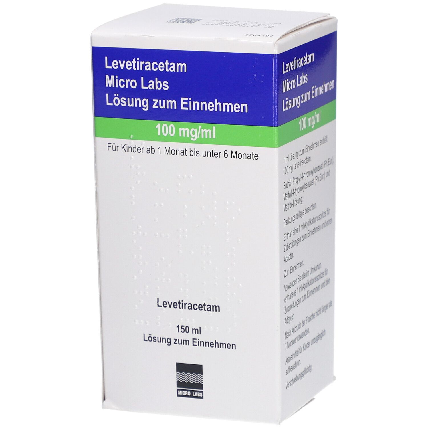 Karton mit Produktinformationen. Blaue und grüne Streifen mit Text. Enthält Informationen über Inhaltsstoffe und Anwendung.