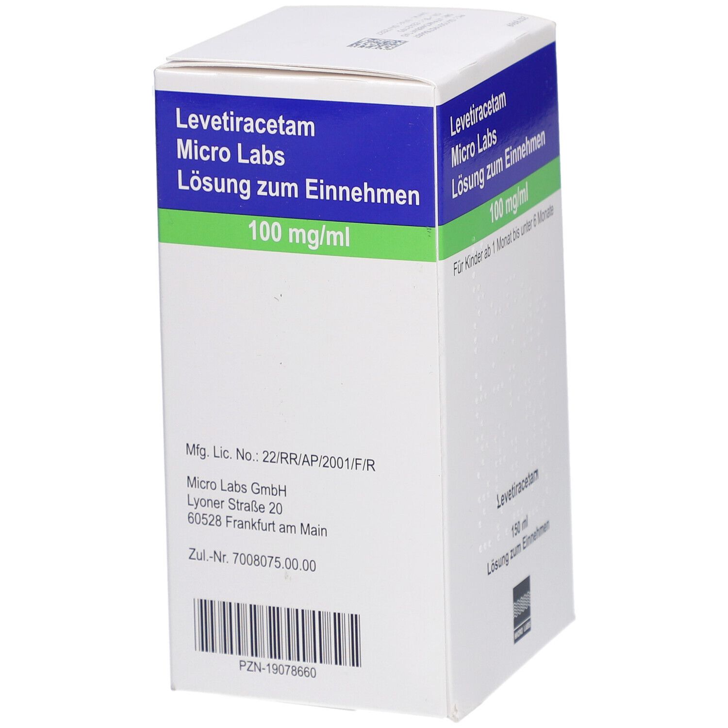 Karton mit Produktinformationen. Blaue und grüne Streifen mit Text. Enthält Herstellerinformationen und Chargennummer.