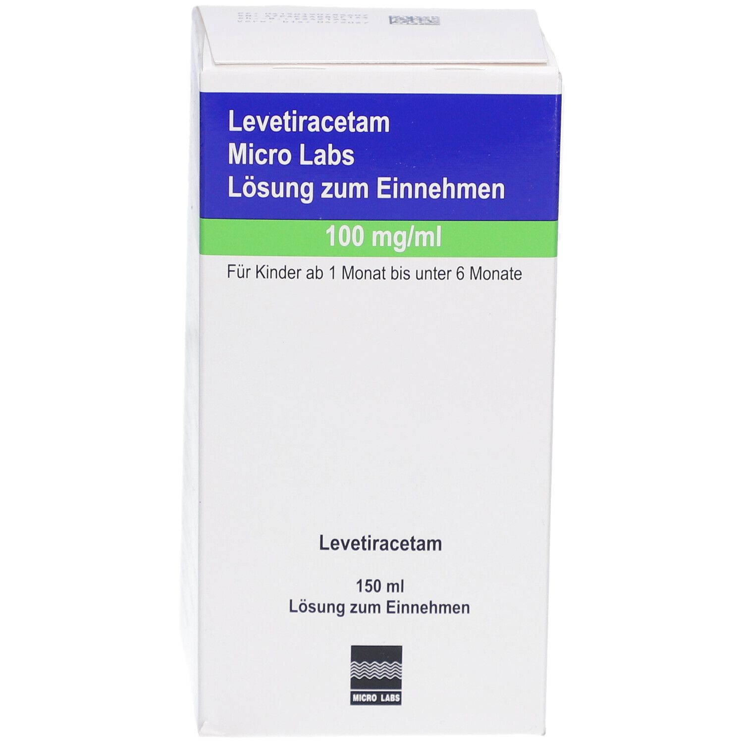 Karton mit Produktinformationen. Blaue und grüne Streifen mit Text. "Levetiracetam Micro Labs Lösung zum Einnehmen 100 mg/ml".