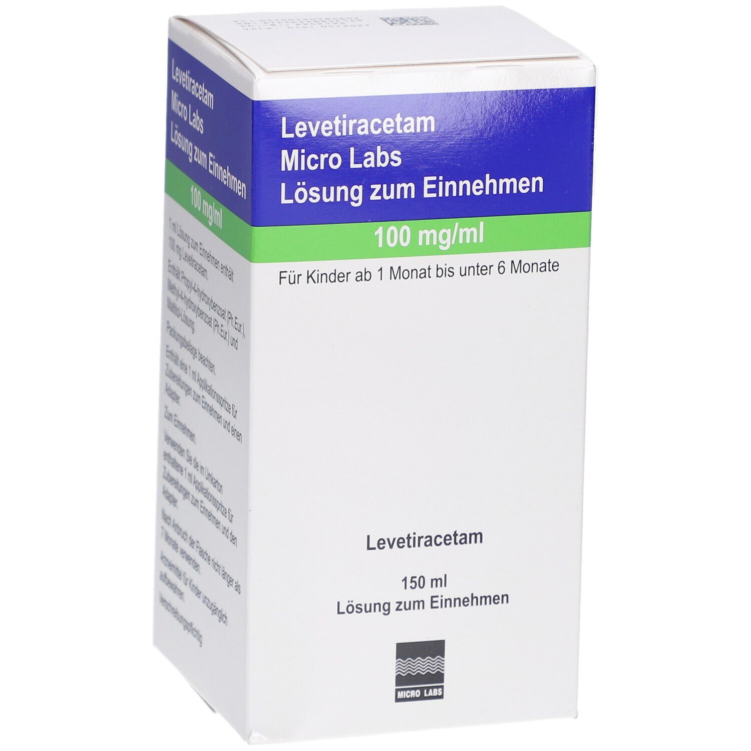 Karton mit Produktinformationen. Blaue und grüne Streifen mit Text. "Levetiracetam Micro Labs Lösung zum Einnehmen 100 mg/ml".
