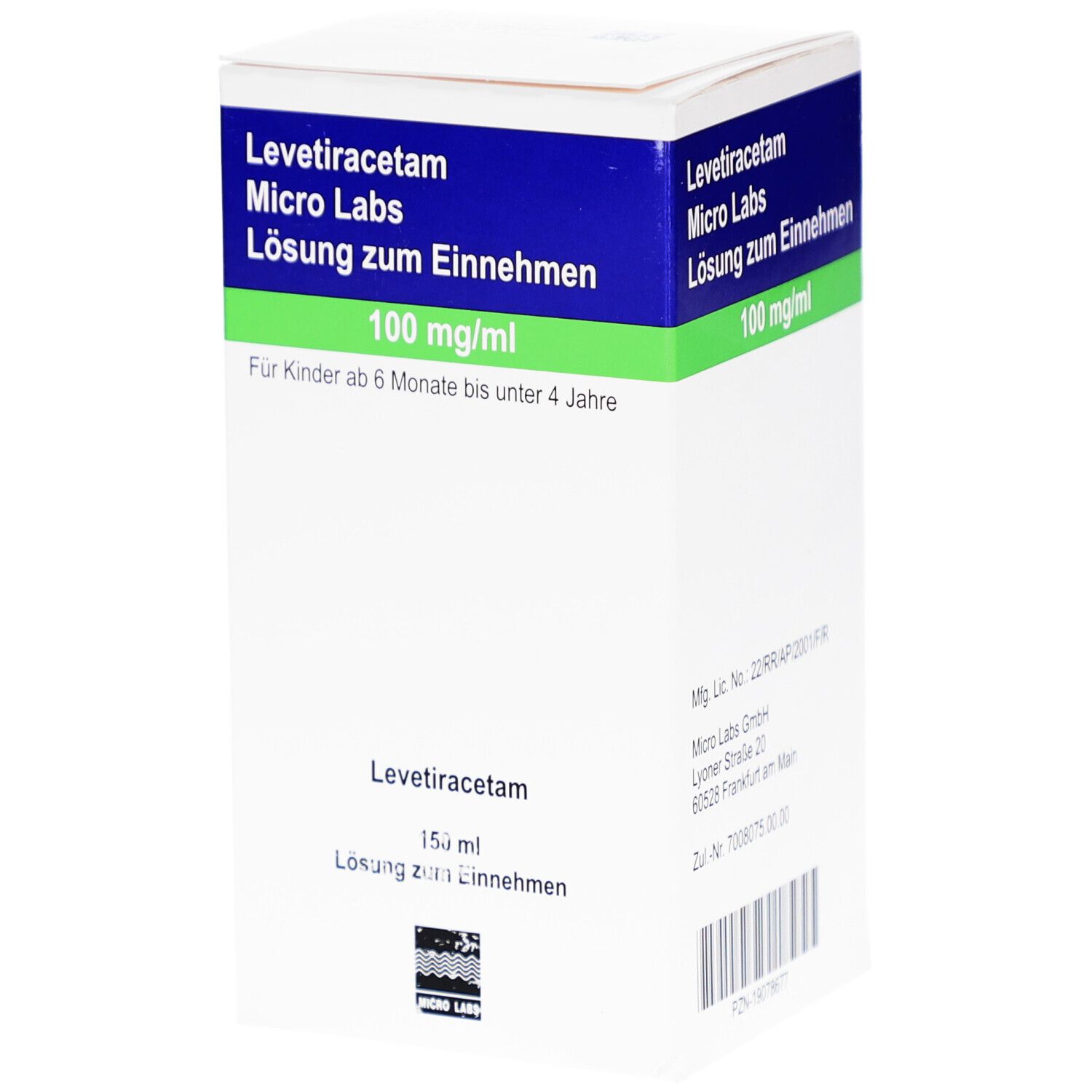 Weiße Medikamentenbox mit blauer und grüner Beschriftung. Enthält Levetiracetam Micro Labs, 100 mg/ml, Lösung zum Einnehmen.