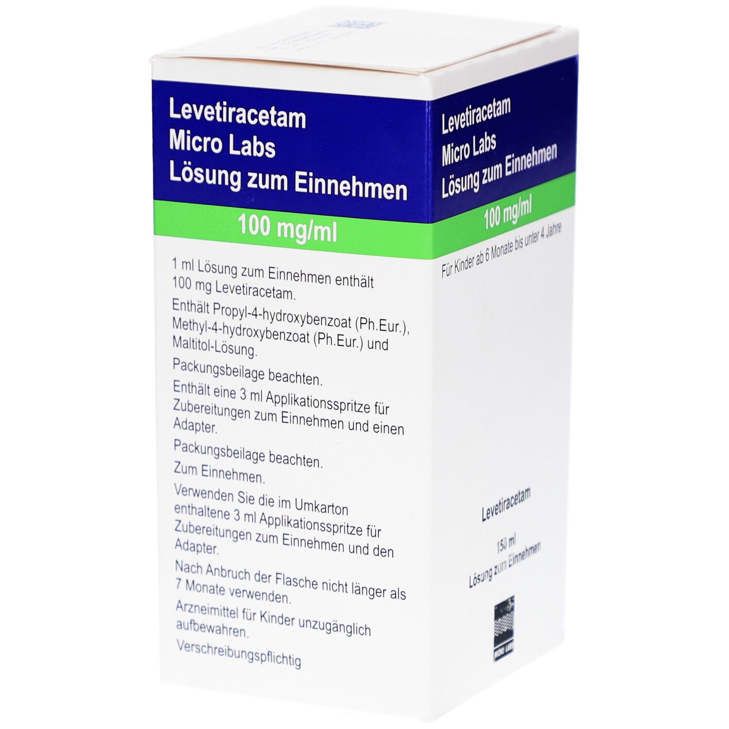 Medikamentenbox mit blauer und grüner Beschriftung. Enthält Levetiracetam Micro Labs, 100 mg/ml, Lösung zum Einnehmen. Detailinformationen.