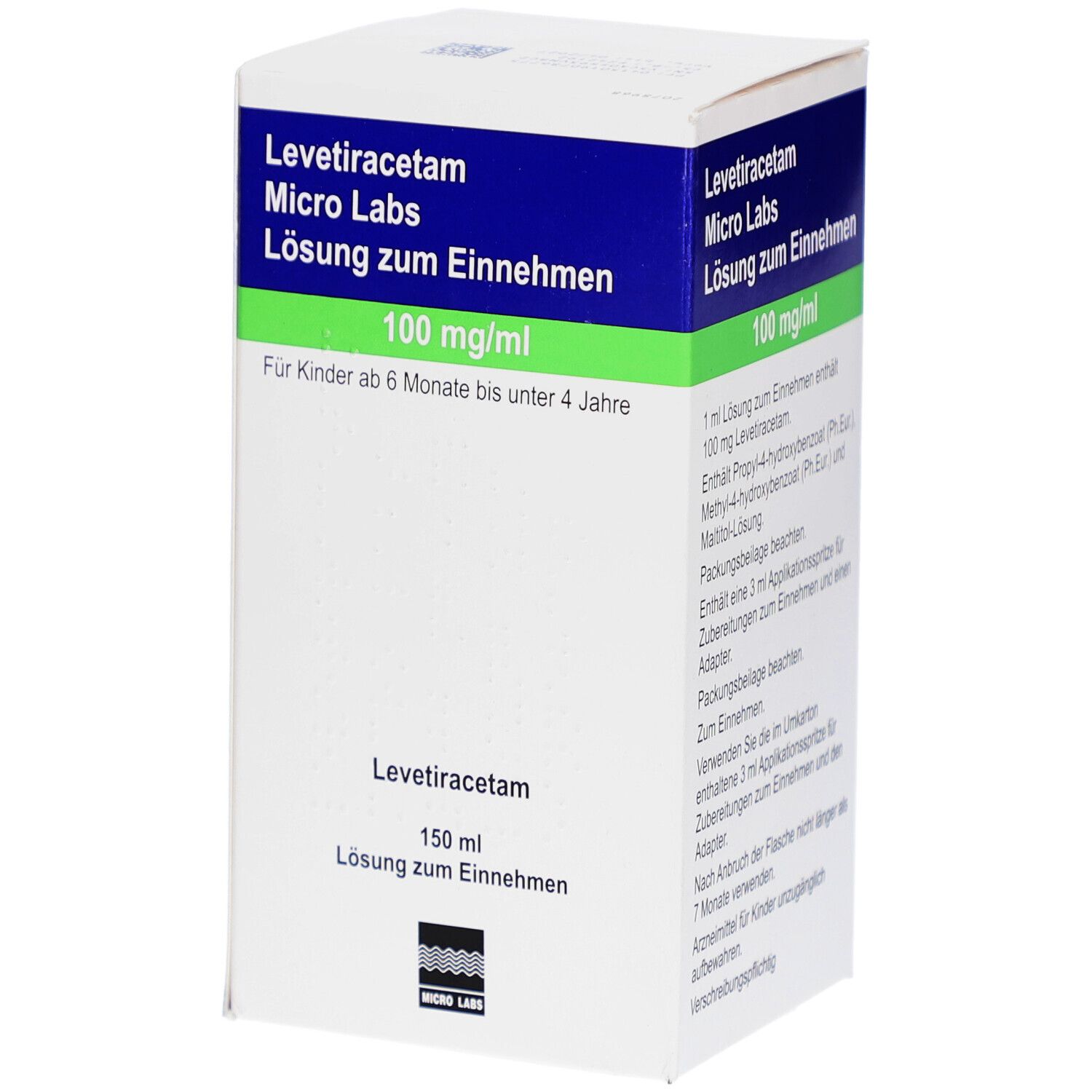 Weiße Medikamentenbox mit blauer und grüner Beschriftung. Enthält Levetiracetam Micro Labs, 100 mg/ml, Lösung zum Einnehmen.