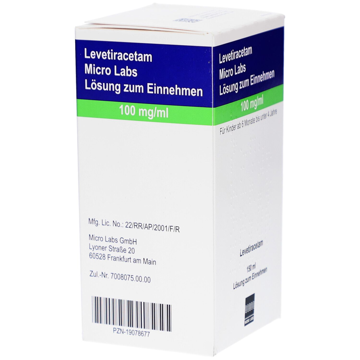 Medikamentenbox mit blauer und grüner Beschriftung. Enthält Levetiracetam Micro Labs, 100 mg/ml, Lösung zum Einnehmen. Herstellerangaben.