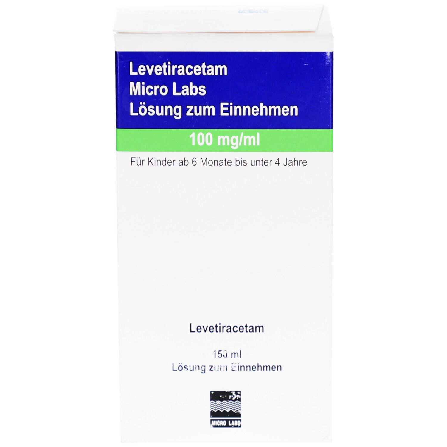 Weiße Medikamentenbox mit blauer und grüner Beschriftung. Enthält Levetiracetam Micro Labs, 100 mg/ml, Lösung zum Einnehmen.