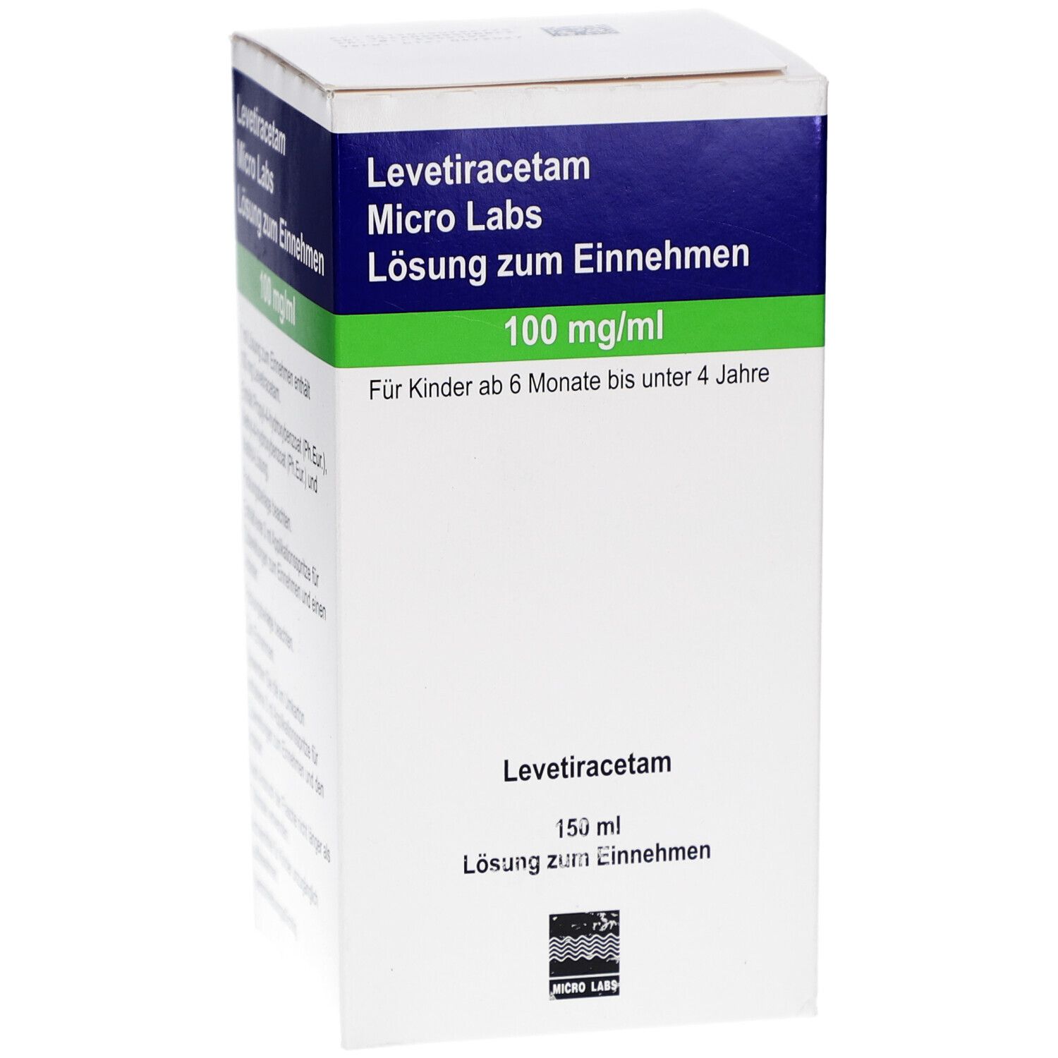 Medikamentenbox mit blauer und grüner Beschriftung. Enthält Levetiracetam Micro Labs, 100 mg/ml, Lösung zum Einnehmen.