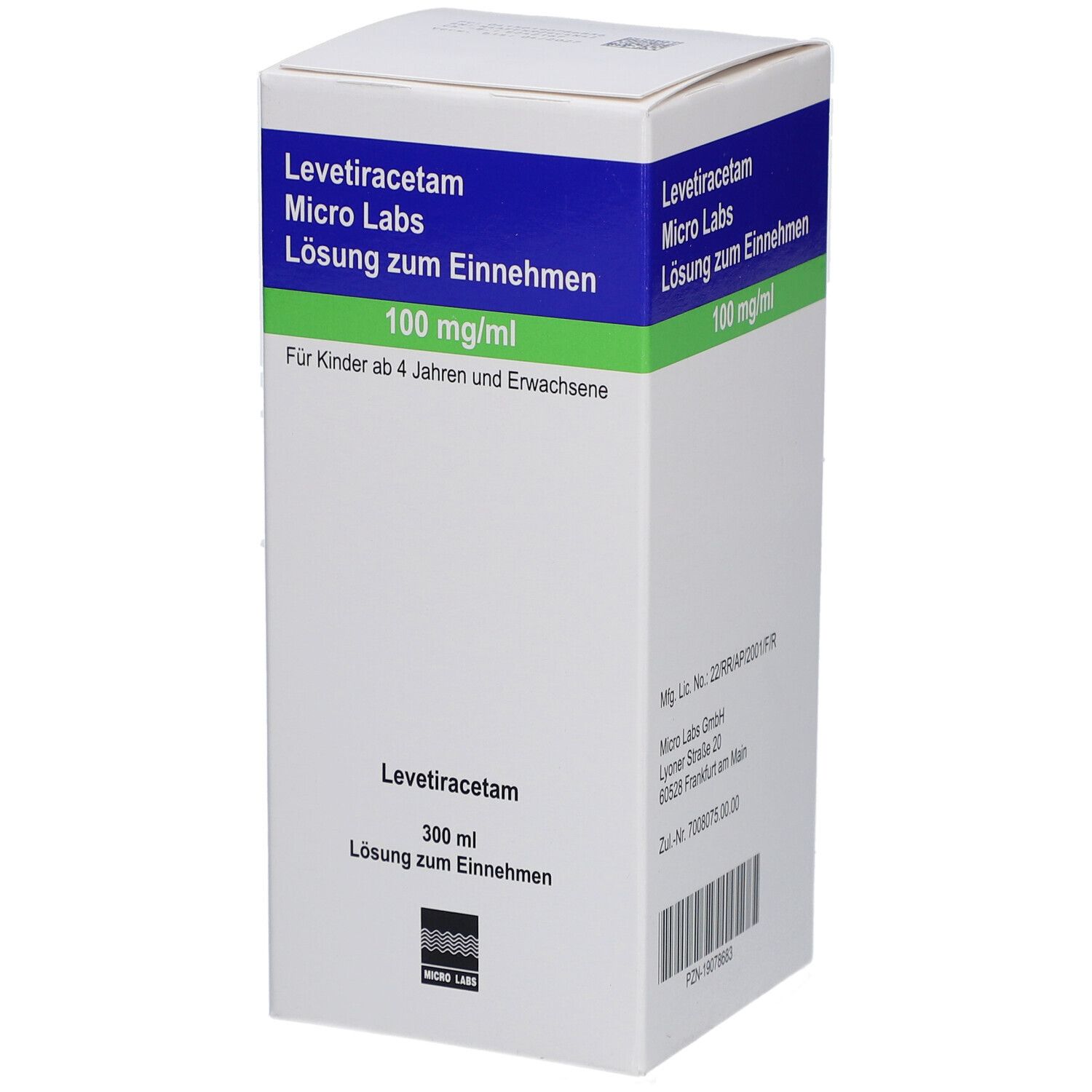 Weiße Faltschachtel mit blauen und grünen Akzenten. Beschriftung: Levetiracetam Micro Labs, 100 mg/ml, Lösung zum Einnehmen.