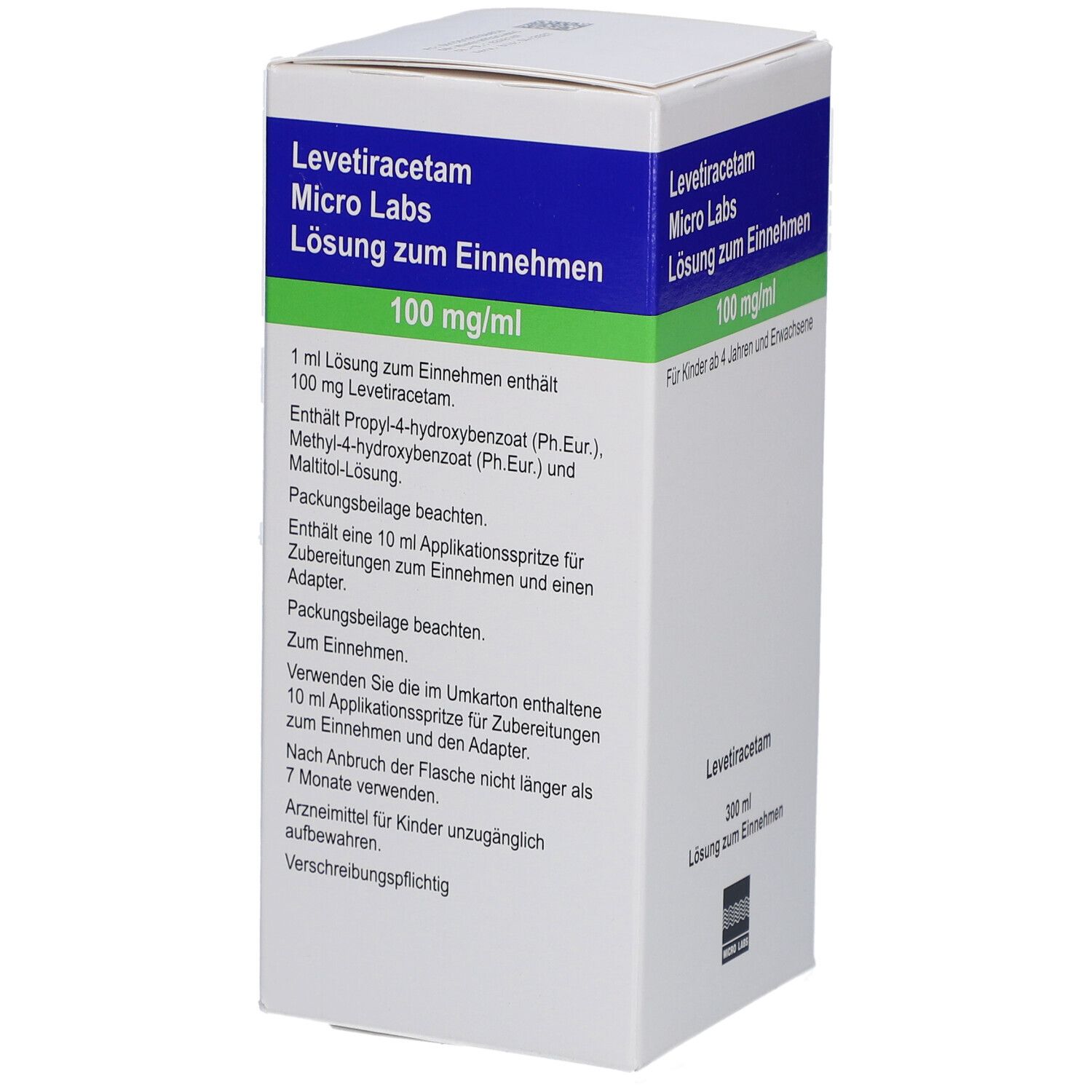 Weiße Faltschachtel mit blauen und grünen Akzenten. Text: Levetiracetam Micro Labs, 100 mg/ml, Lösung zum Einnehmen. Inhaltsstoffe.