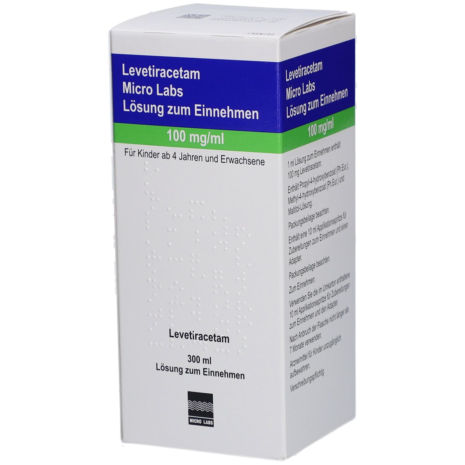 Weiße Faltschachtel mit blauen und grünen Akzenten. Text: Levetiracetam Micro Labs, 100 mg/ml, Lösung zum Einnehmen. Inhaltsstoffe.