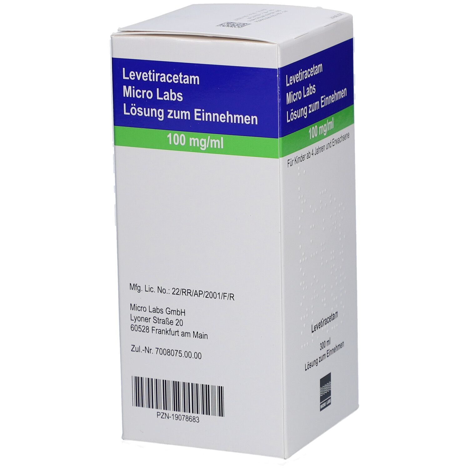 Weiße Faltschachtel mit blauen und grünen Akzenten. Text: Levetiracetam Micro Labs, 100 mg/ml, Lösung zum Einnehmen. Zulassungsnummer.