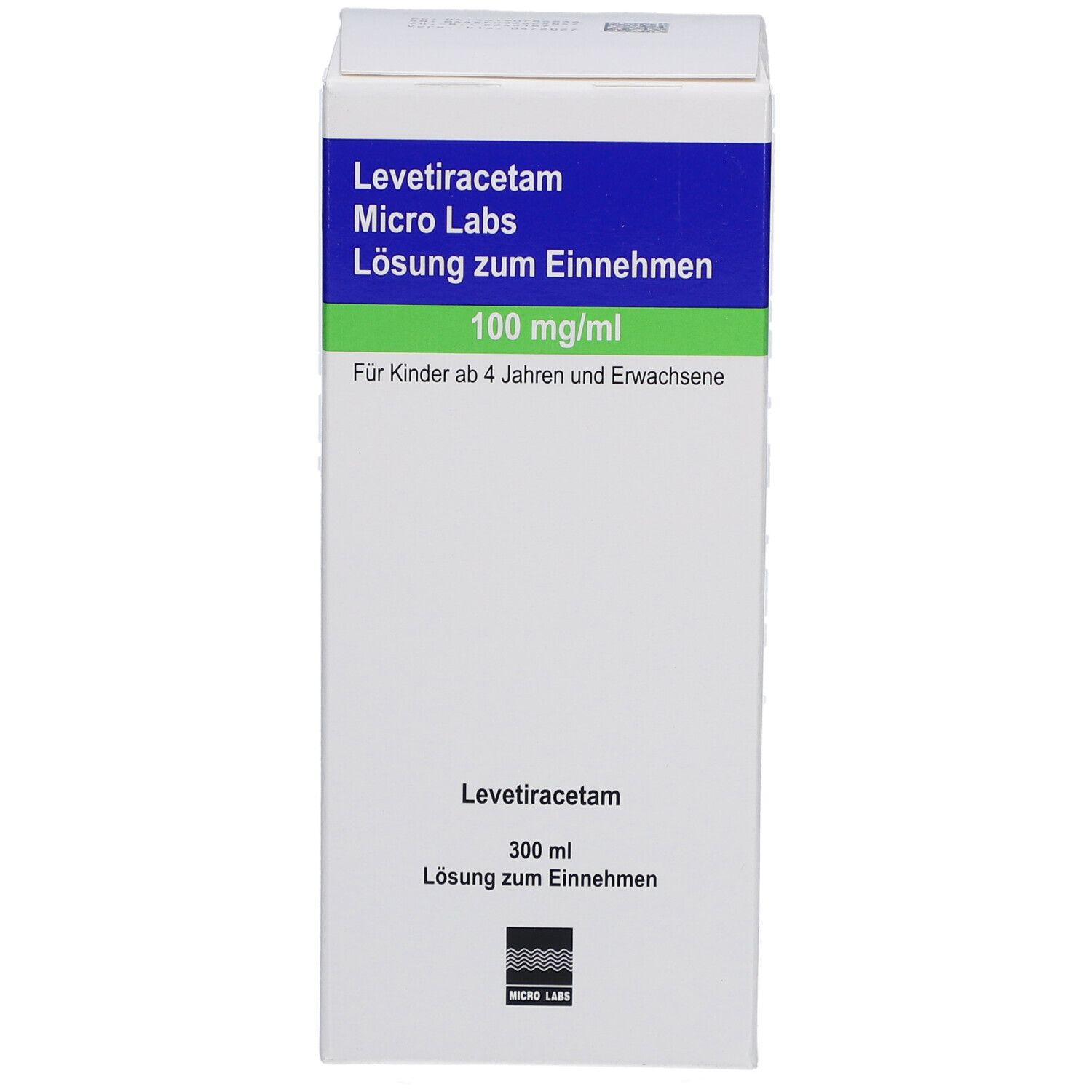 Weiße Faltschachtel mit blauen und grünen Akzenten. Beschriftung: Levetiracetam Micro Labs, 100 mg/ml, Lösung zum Einnehmen.