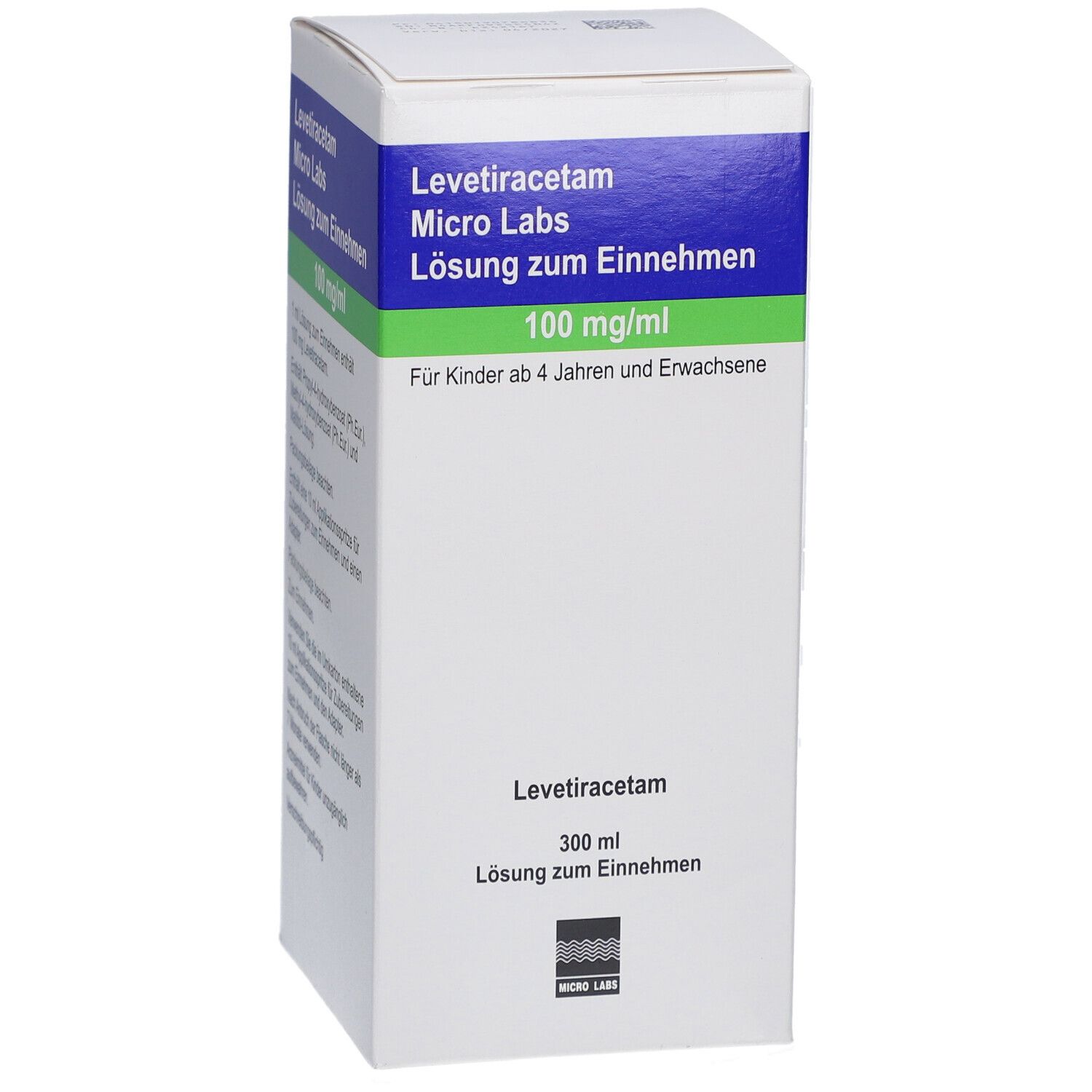Weiße Faltschachtel mit blauen und grünen Akzenten. Beschriftung: Levetiracetam Micro Labs, 100 mg/ml, Lösung zum Einnehmen.