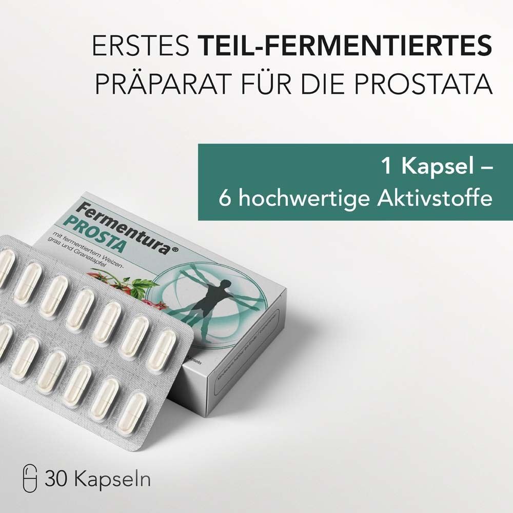 Blisterpackung mit Kapseln neben einer Produktverpackung. Text: 30 Kapseln, 1 Kapsel - 6 Wirkstoffe.